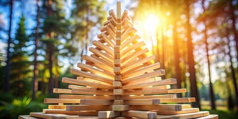 Aufkleber - A wooden structure in the shape of a tree, crafted from numerous wooden planks, stands against a backdrop of a blurred forest, with the sun shining through the trees.