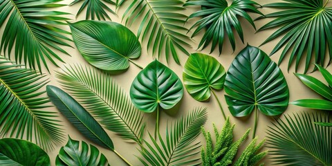 Fototapete - A vibrant collection of tropical foliage arranged on a smooth, neutral backdrop, showcasing the intricate textures and shapes of various leaves.