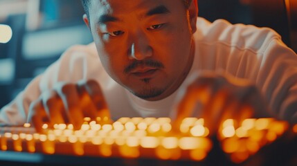 Concentrated programmer coding in the dark with illuminated keyboard