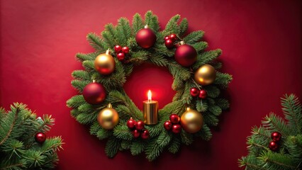 Poster - A Festive Christmas Wreath Decorated with Red and Gold Baubles and a Single Burning Candle, Creating a Warm and Cheerful Atmosphere