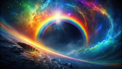 Poster - A Cosmic Rainbow Arcs Over a Celestial Horizon with a Glowing Sun and a Starry Night Sky