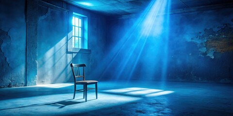 Fototapete - A solitary chair sits in the center of a room bathed in ethereal blue light, illuminating the cracked and weathered walls, creating a sense of solitude and mystery.