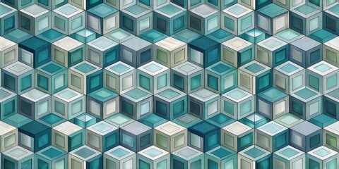 Poster - A Seamless Pattern of Interlocking Cubes in Shades of Teal, Green, and White