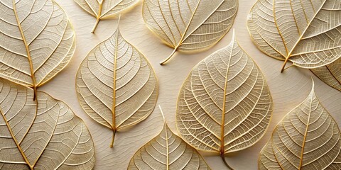 Aufkleber - A collection of delicately preserved golden leaf skeletons arranged on a light cream backdrop, showcasing the intricate network of veins and the ethereal beauty of nature's delicate artistry.