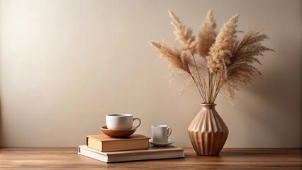 Poster - A minimalist arrangement of pampas grass in a ceramic vase on a wooden table with two coffee cups and books
