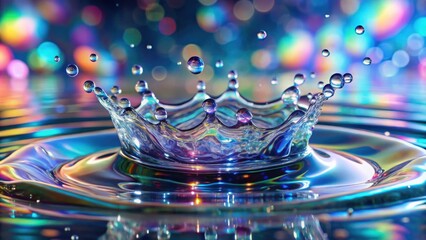 Fototapete - A single water drop creates a crown-shaped splash on a shimmering surface, illuminated by a colorful bokeh backdrop.