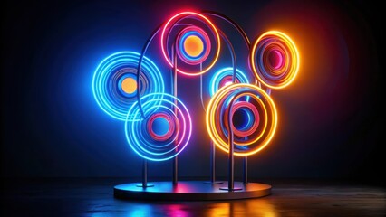 Fototapete - A vibrant abstract display of glowing neon rings, a captivating interplay of color and light, on a dark background