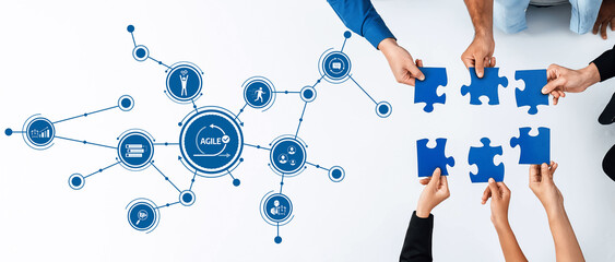 Fototapete - Dynamic image showcasing hands holding blue puzzle pieces amidst agile methodology icons, symbolizing teamwork, problem-solving, and creative collaboration in a business context. Amity