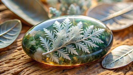 Aufkleber - A delicate fern preserved in green resin rests on a weathered wooden surface, surrounded by other leaves, showcasing the beauty of nature captured in time.