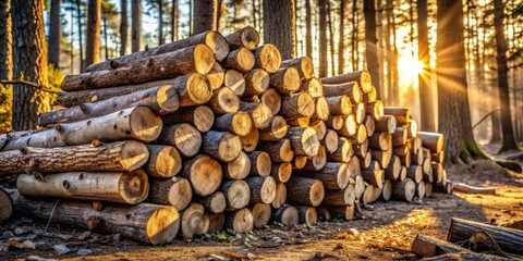 Aufkleber - A Stack of Wood Logs Glowing in the Warm Light of a Sunset in a Forest