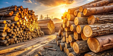 Aufkleber - A Collection of Logs Stacked in a Yard, Illuminated by the Golden Light of the Setting Sun