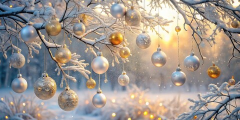 Aufkleber - Frosted Winter Branch Adorned with Shiny Silver and Gold Ornaments Glowing in the Golden Hour Light
