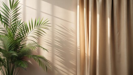 Aufkleber - Sunlight filtering through a window casts patterned shadows on a beige wall and a flowing curtain, creating a serene and minimalist backdrop