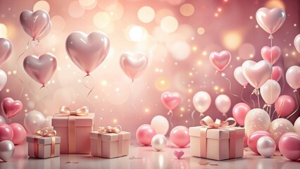 Fototapete - A festive background with heart-shaped balloons and gift boxes, adorned with shimmering lights, perfect for celebrations of love and joy.