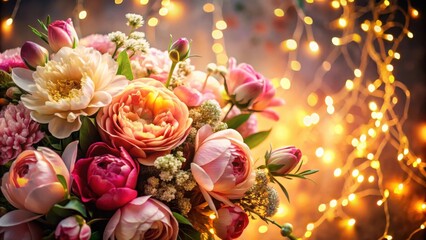 Leinwandbilder - Delicate pink and peach roses bloom amidst a symphony of twinkling lights, creating a breathtaking floral display.