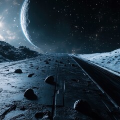 Wall Mural - lunar surface exploration with a distant planet and starry sky in a science fiction setting and dark