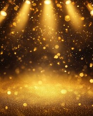 Wall Mural - golden stage spotlight backdrop with glittering bokeh effect creating a magical and festive atmosphe