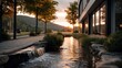 © regulator - Serene sunset landscape with stream and architecture