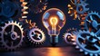 © Mike Ebony - Steel gears interlocking around a glowing light bulb