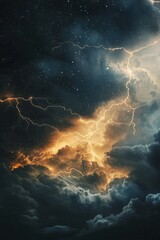 Wall Mural - dramatic sky with lightning strikes and starry night in a powerful weather event