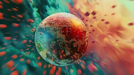 Wall Mural - planet is shown in a space with many red and blue objects. the planet is surrounded by a lot of debr