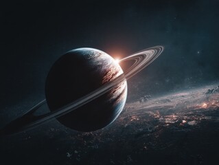 Wall Mural - majestic planet with rings in deep space cosmic background with starlight and nebula galaxy view, ce