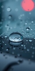 Poster - Raindrop World On Glass, Abstract Car Reflection. Macro Lens Captures Nature's Artistry, Showing Ethereal Details. Weather Patterns, Water Droplets, Create Stunning Visual Textures.