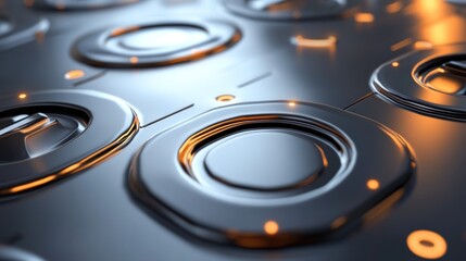 Abstract metallic surface with glowing circular elements.