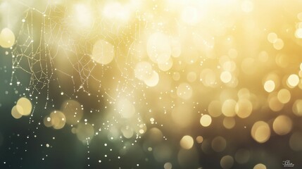 Dew-covered web, bokeh background, golden light.