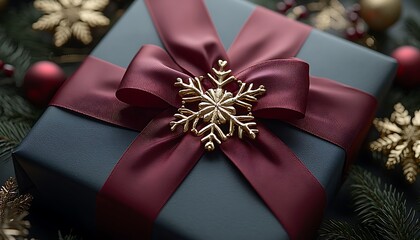 dark gift box with maroon ribbon and gold snowflake