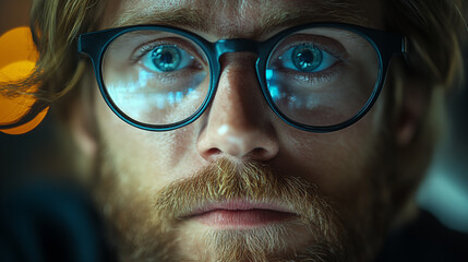 Man with blue glasses reflecting computer screen light closeup, digital technology and cybersecurity concept