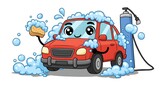 Cute cartoon car washes itself, smiling, bubbly, colorful, playful fun.