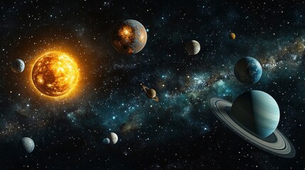 Wall Mural - majestic solar system planets orbiting a glowing sun in cosmic space