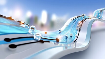 Wall Mural - Abstract rendering of flowing blue lines, spheres, & cubes, blurred background