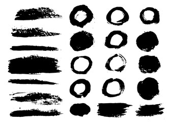 Aufkleber - Vector brush stroke textures of different shapes. Paint text boxes and paintbrush collection. Grunge banners for authentic design vibe. Painted backgrounds