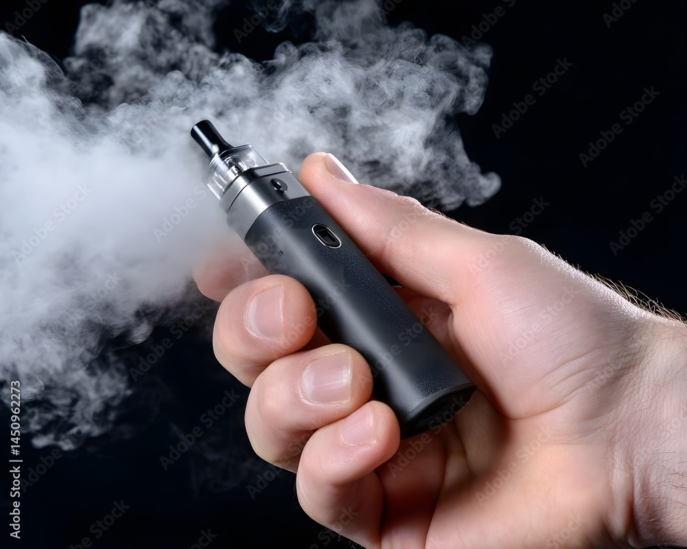 Closeup Hand Holding Vape Pen Emitting Smoke Dark Background Stock Photo |  Adobe Stock