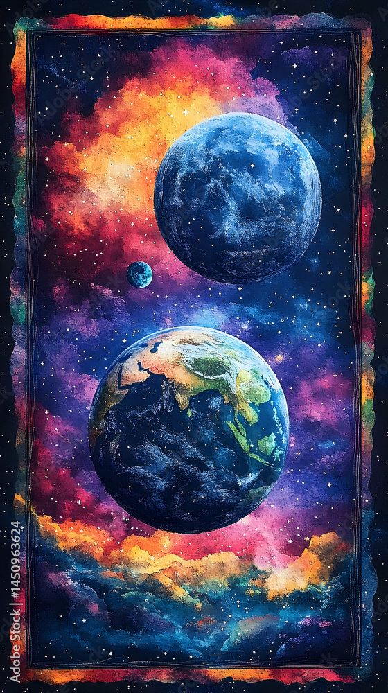 Vibrant cosmic landscape with planets amidst nebulae. Detailed ...