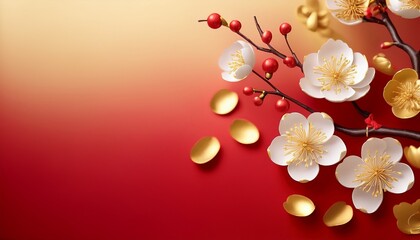 Wall Mural - plum blossoms emerge and fall softly over a rich red and gold gradient background vertical