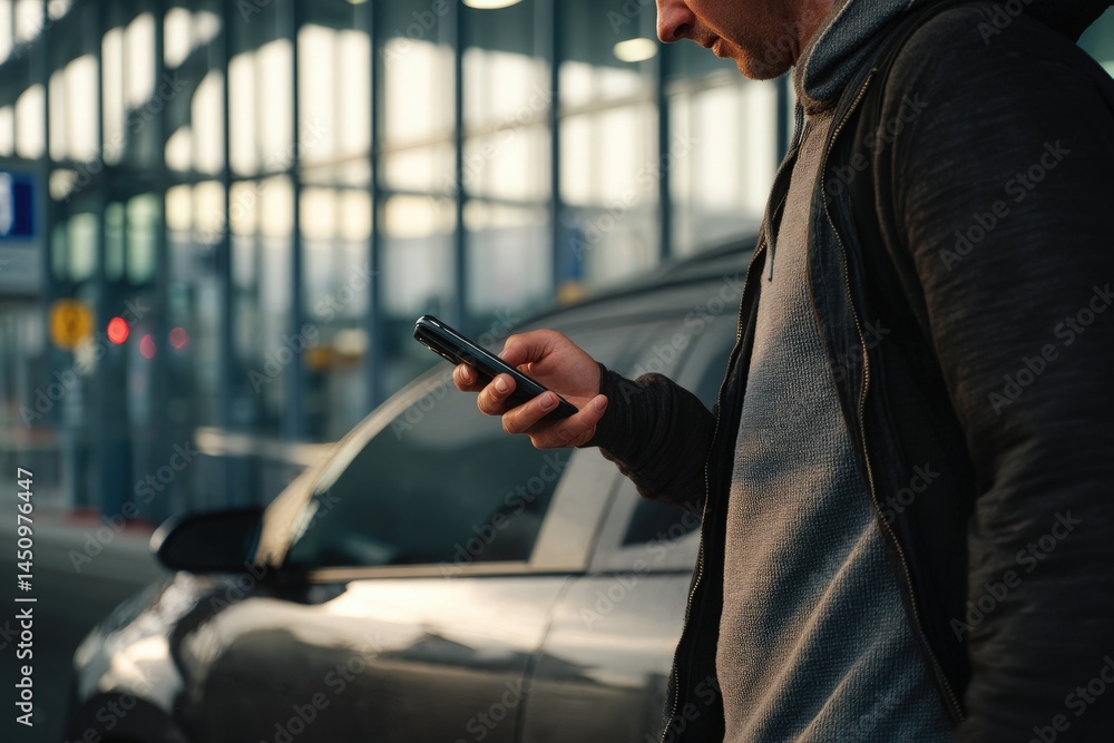 A man in a hoodie stands beside a sleek parked car, attentively looking at his smartphone. The background features large glass windows with soft afternoon light filtering through.