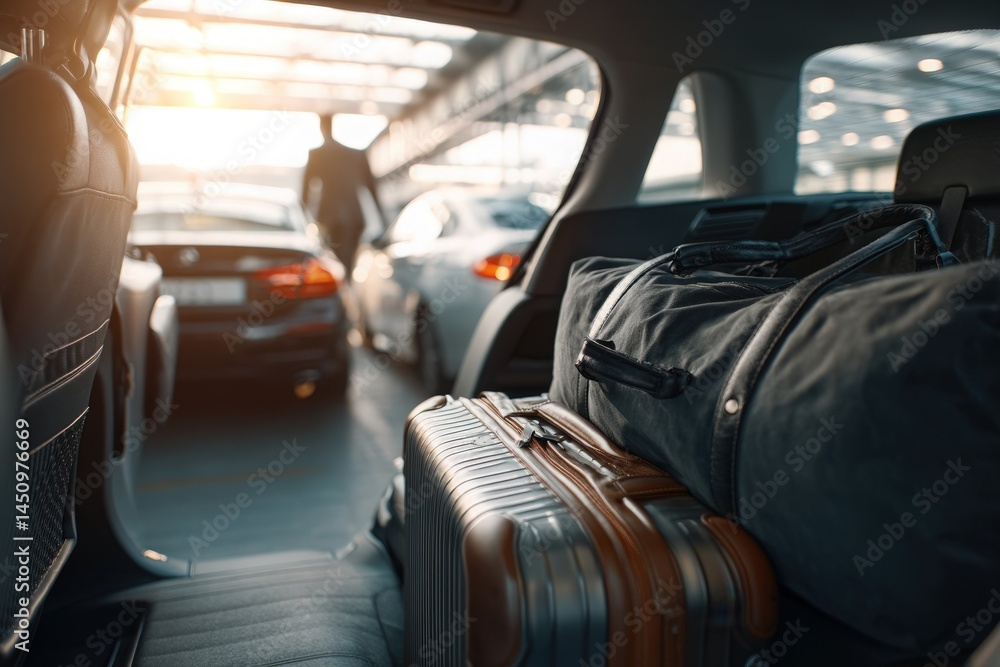Luggage is stacked in the back seat of a vehicle as a traveler approaches parked cars in a busy lot during the late afternoon. Sunlight filters through the surrounding structure.