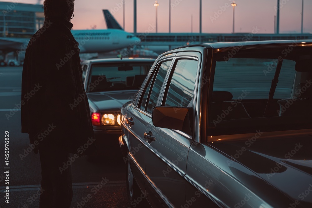 A person stands near two parked cars at an airport during twilight. The background features a plane prepared for departure, casting a serene ambiance.