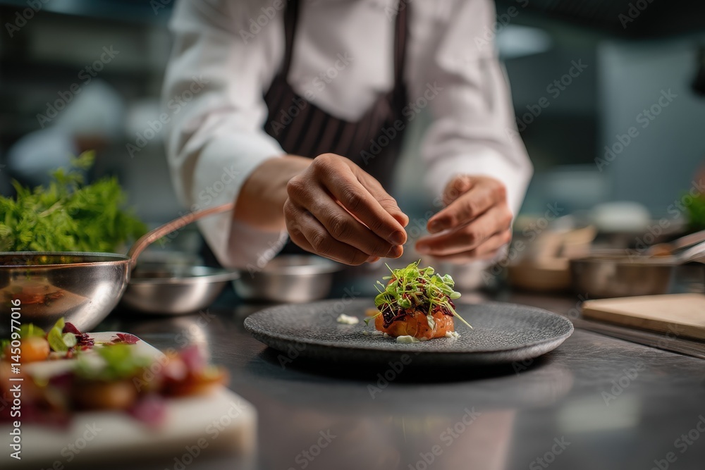 A chef skillfully garnishes a plated gourmet dish with fresh herbs in a bustling kitchen. The ambiance is warm and focused, highlighting culinary expertise and artistry.