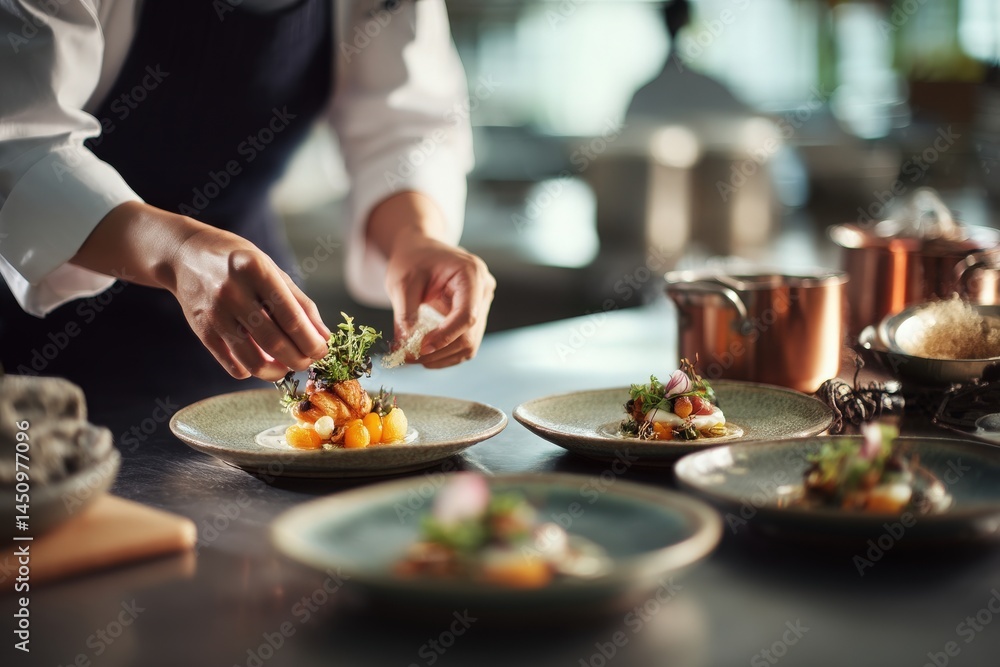 A chef carefully places herbs on gourmet plates in a stylish kitchen setting. The scene captures the precision and artistry involved in preparing exquisite dishes for diners.
