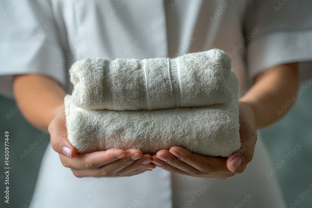 Soft, fluffy white towels are being held by a person in a spa uniform, emphasizing cleanliness and comfort. The tranquil background enhances the serene atmosphere of relaxation.
