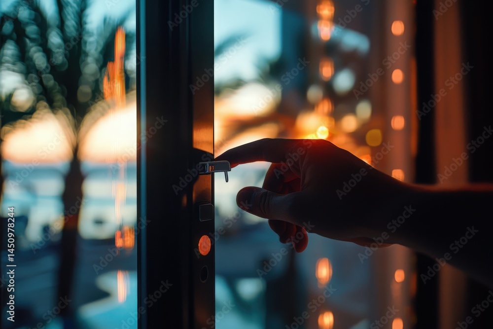 A hand is seen unlocking a door with a sunset backdrop featuring a beach and palm trees. Soft light glows from behind, creating a serene evening atmosphere.