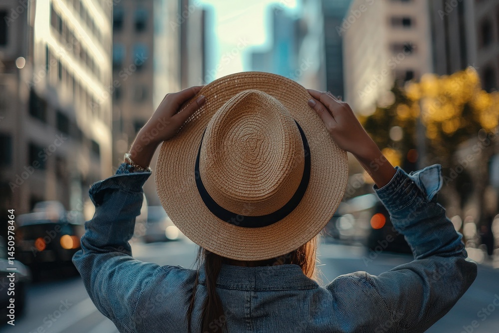 A woman stands in a bustling city street, wearing a straw hat and denim jacket. Buildings tower around her as sunlight filters through, creating a vibrant urban atmosphere.