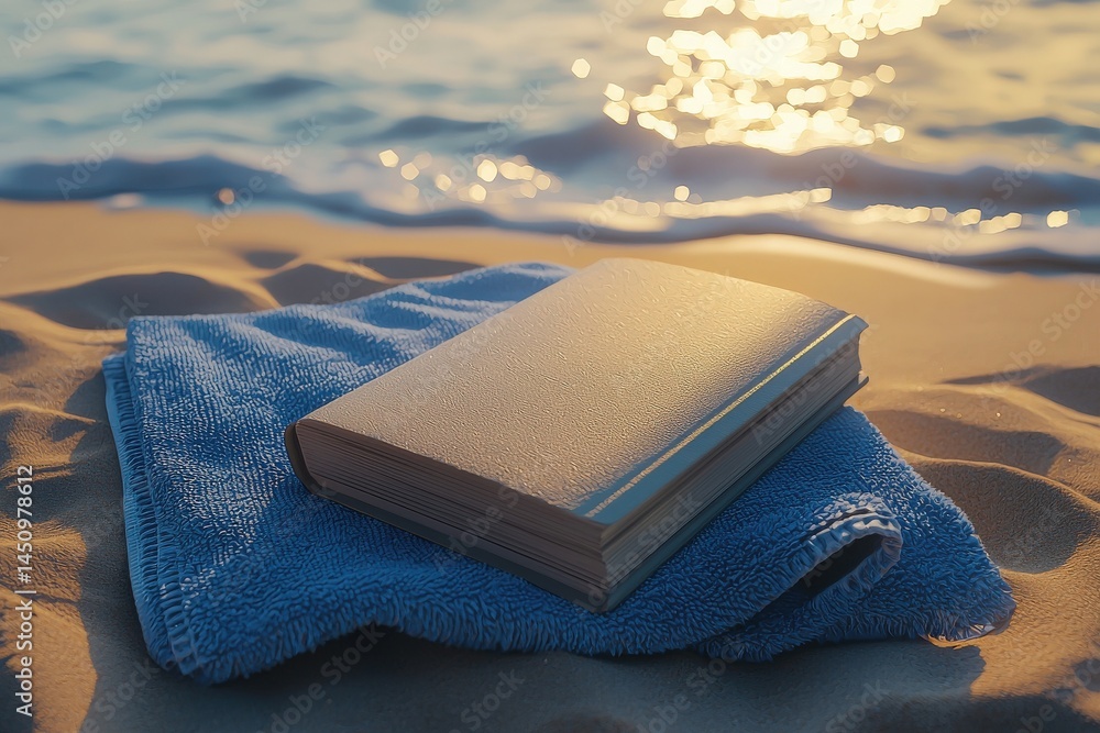 A towel rests on the sand with a closed book placed on top. Gentle waves lap at the shore, reflecting the warm light from the setting sun. The scene evokes tranquility and relaxation.