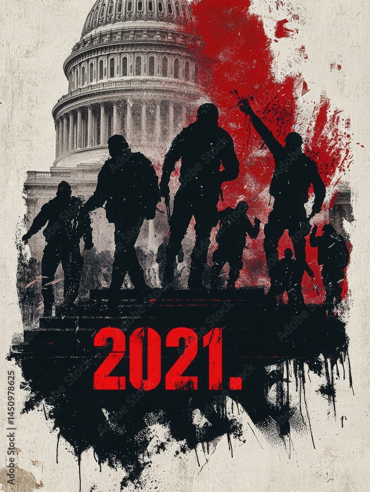 Figures in silhouette march with urgency against a backdrop of the Capitol building. Bold splashes of red signify turmoil, capturing the intense atmosphere of protest in 2021.