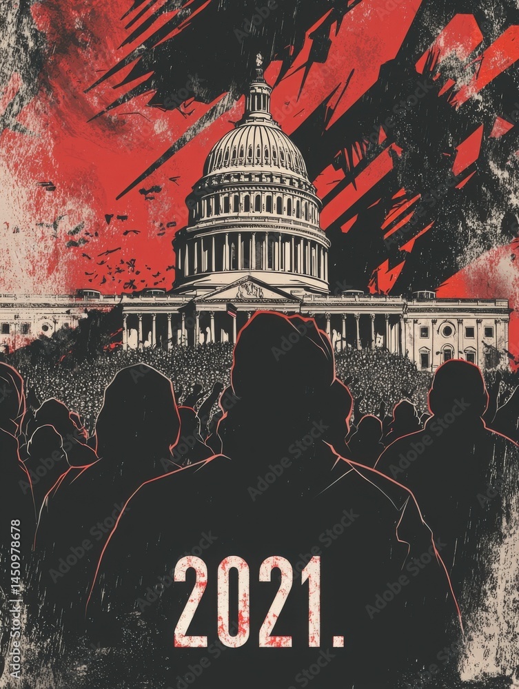A large crowd stands before the Capitol building, silhouetted against a dramatic backdrop. Red hues dominate the sky, reflecting the intensity of the moment during a historic gathering in 2021.