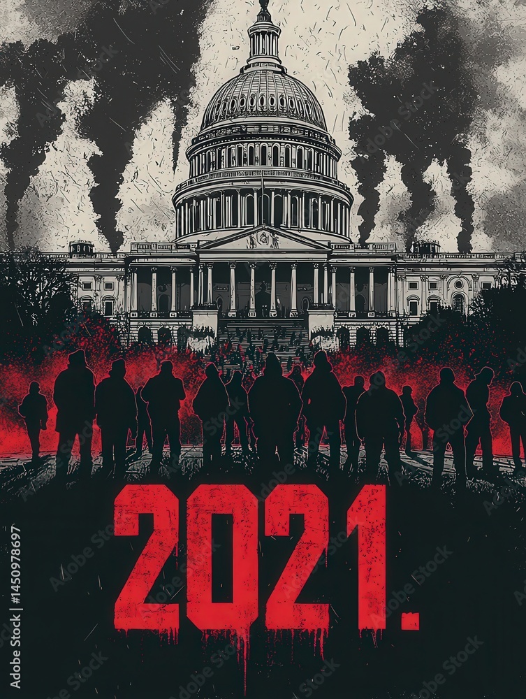 Crowds gather in front of the Capitol building, silhouetted against a smoky sky. The year 2021 is prominently displayed, emphasizing the historical significance of the event taking place.